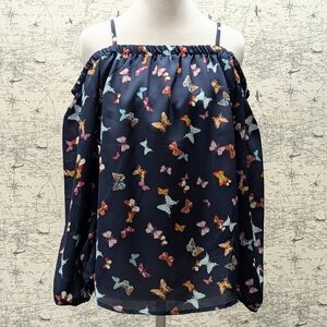 NWT Hint Of Blush Navy Butterfly Print Blouse With Cold Shoulder Size XL